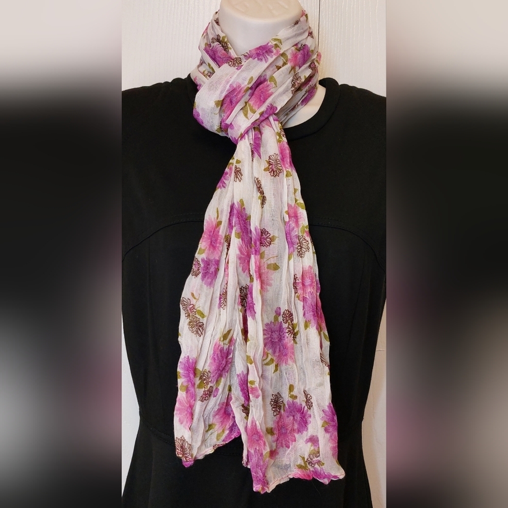 Gauzy Sheer Floral Purple Pink Crinkle Scarf Colorful Wrap Boho Lightweight Long